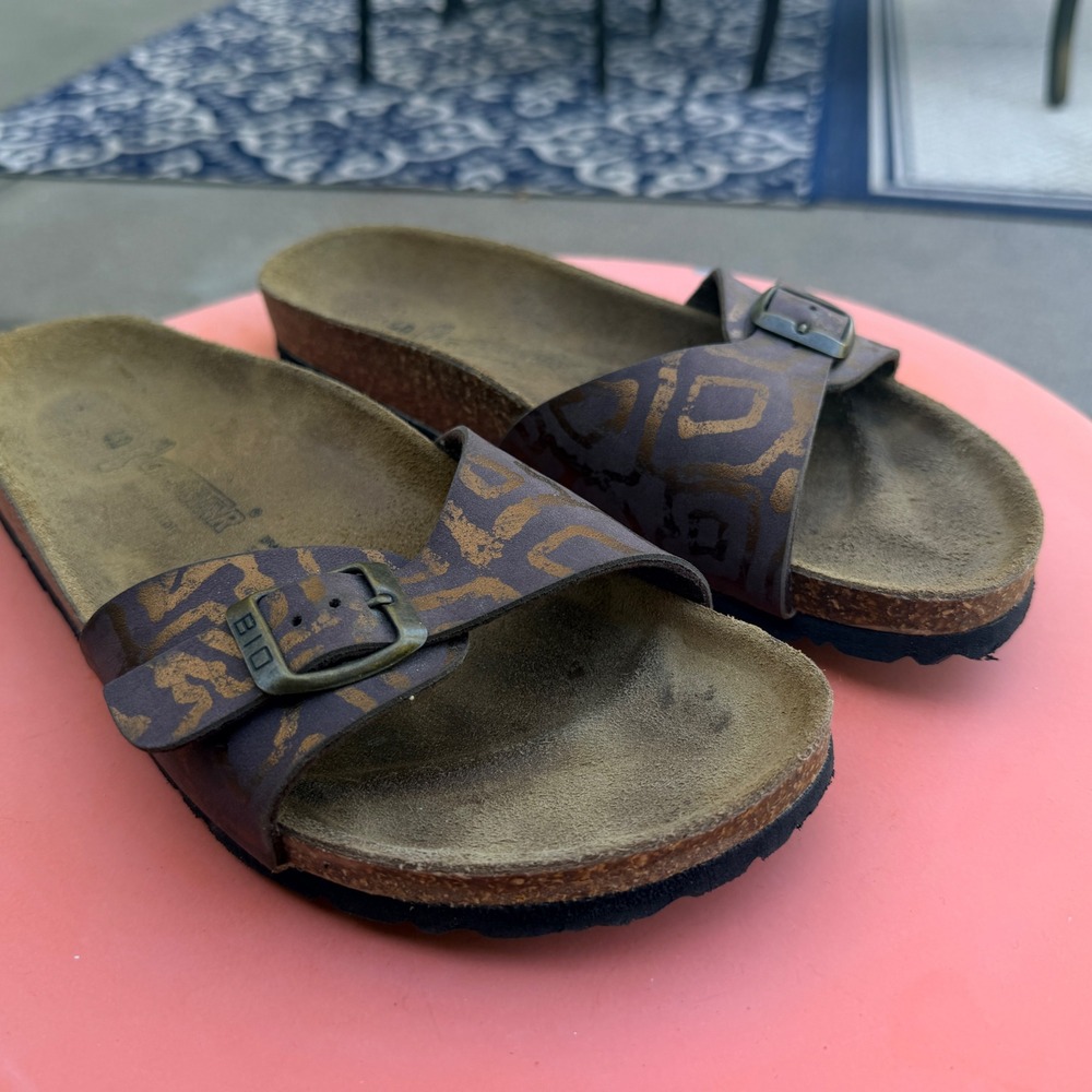 Goldstar Italy Cork Sandals Women 40 Brown Gold Slide Buckle Cork Footbed